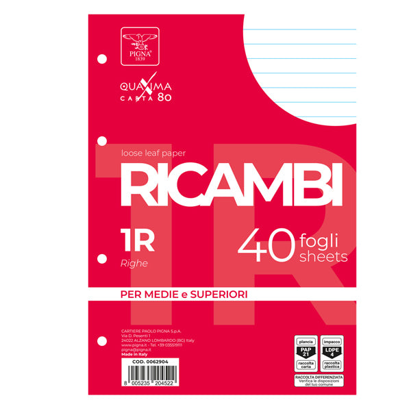 Ricambio Quaderno Pigna ad Anelli A5 1 Rigo